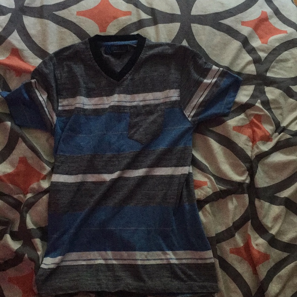 Blue white and gray striped boy shirt